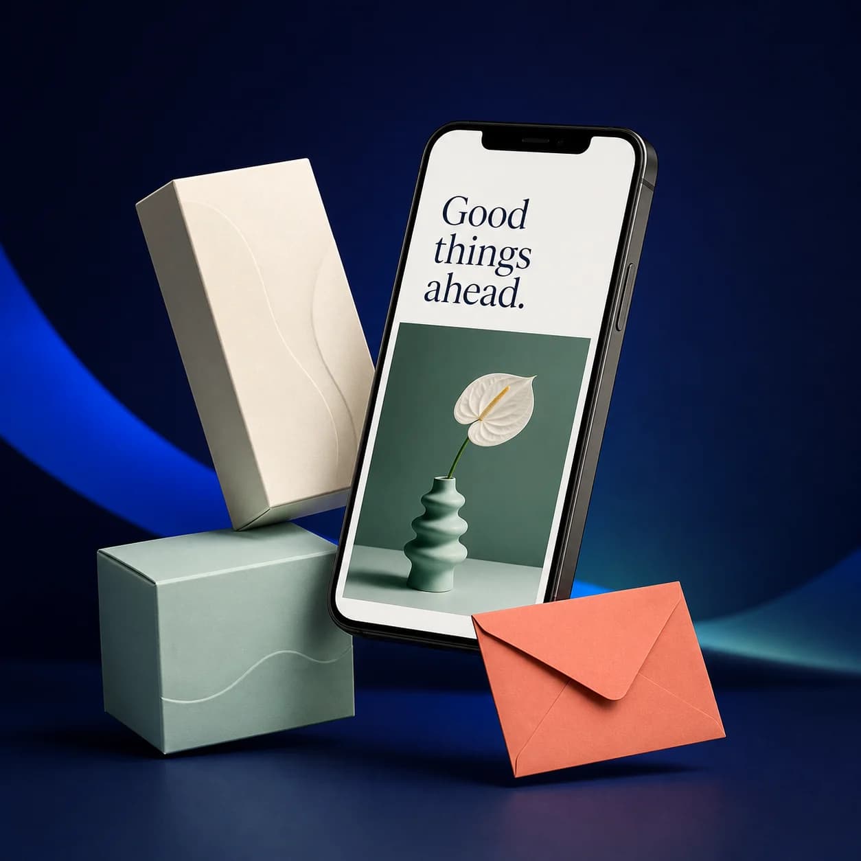 An email campaign on a phone alongside ecommerce products and packaging