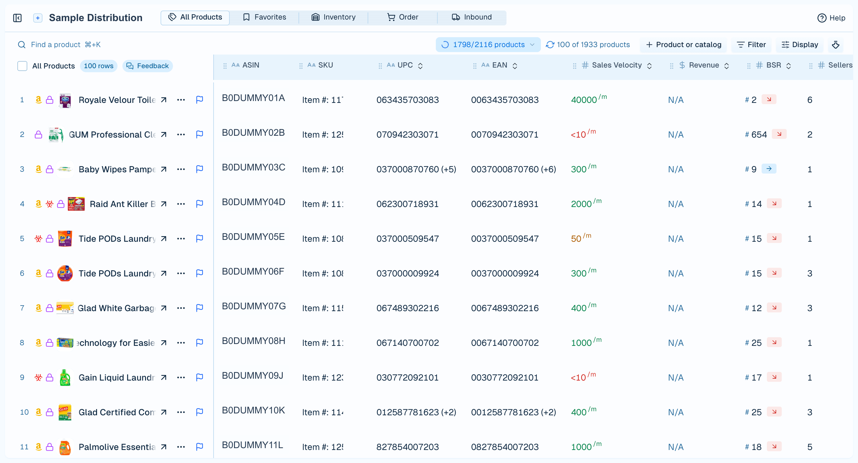 Sanitized itemIQ product intelligence dashboard with dummy company and ASIN values.