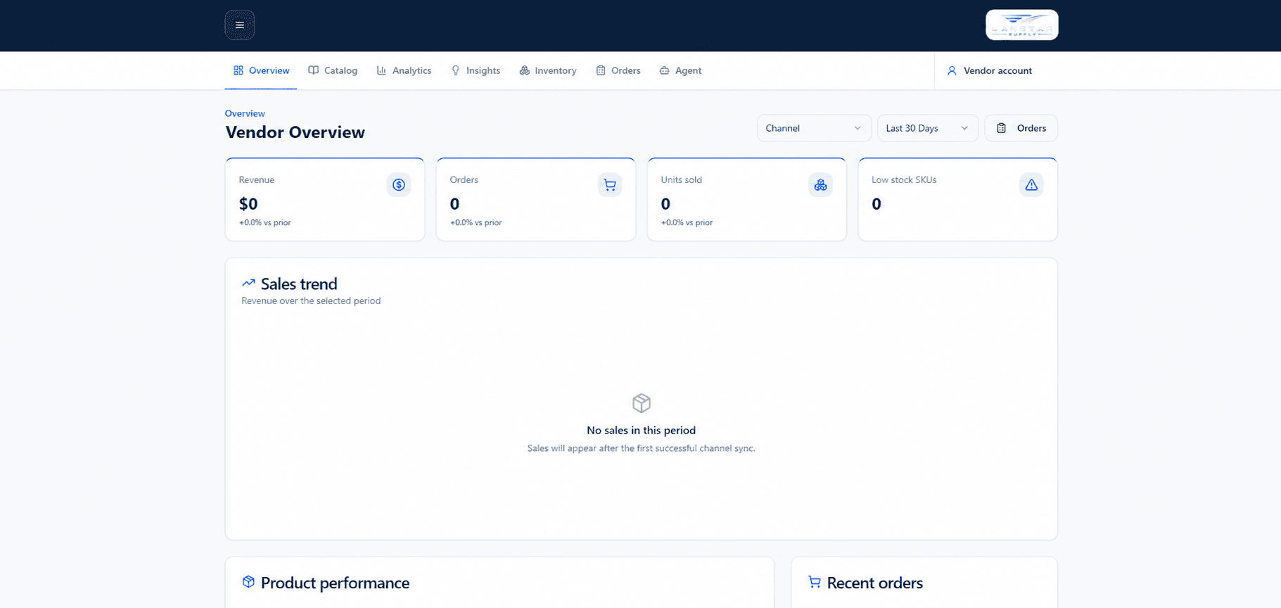 Lanstar Vendor Portal overview showing revenue, orders, units sold, low-stock products, sales trends, and product performance.