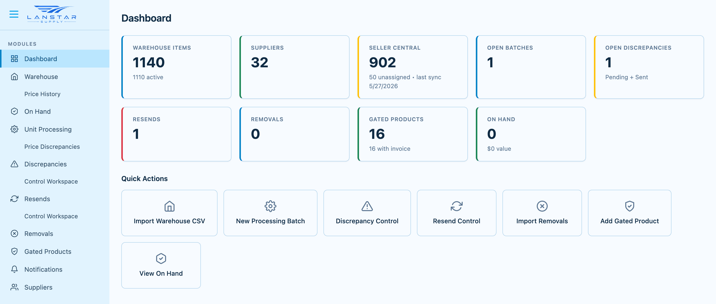 Lanstar WMS dashboard showing warehouse items, suppliers, open batches, discrepancies, and quick actions.