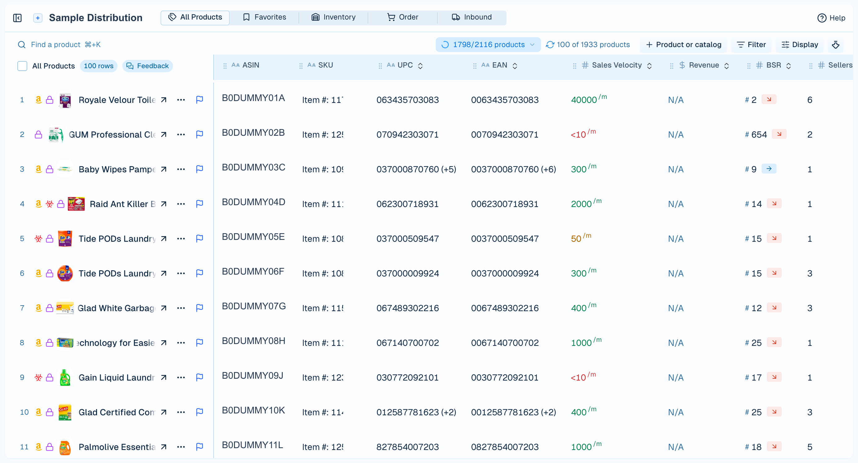 Sanitized ITEMIQ product intelligence dashboard with dummy company and ASIN values.