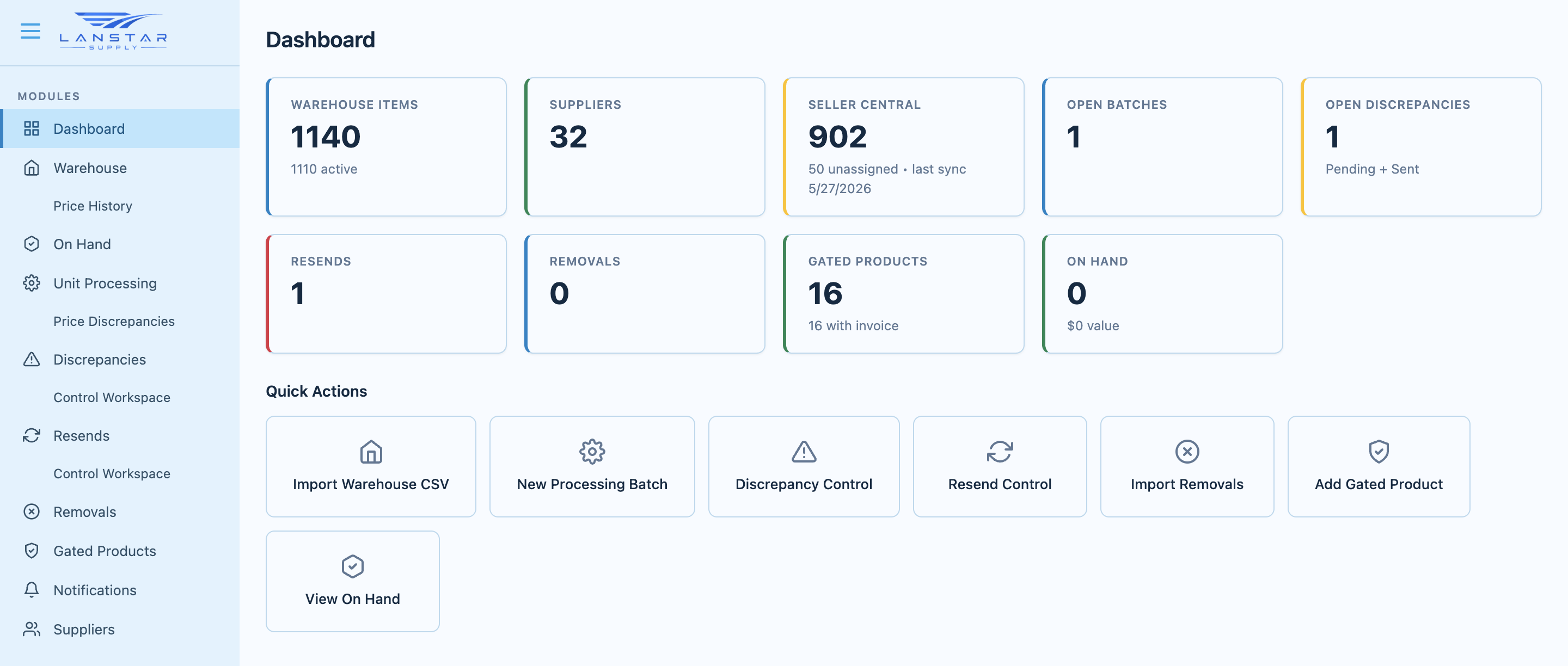 Lanstar WMS dashboard showing warehouse items, suppliers, open batches, discrepancies, and quick actions.